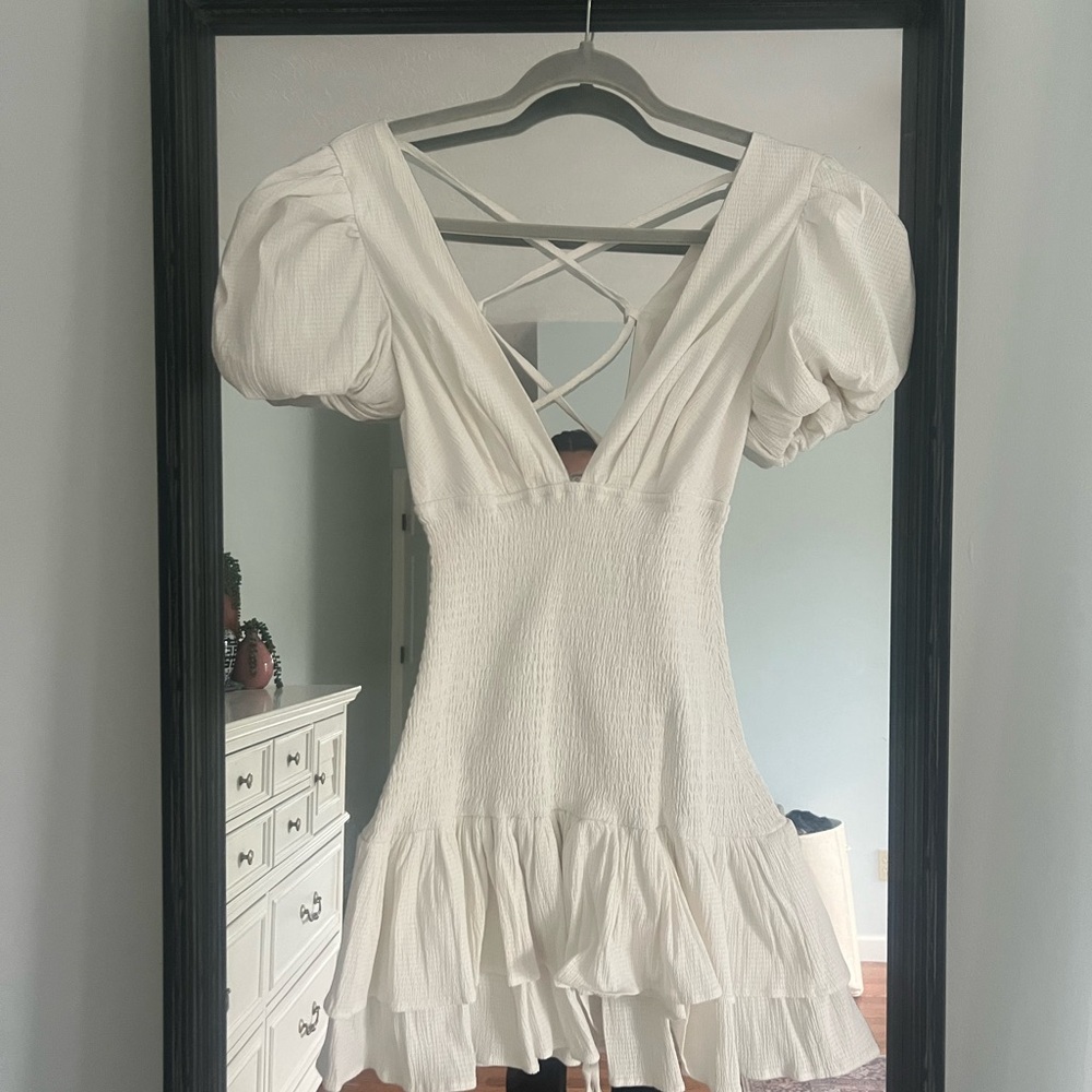 Hello Molly White Drop Waist Puff Sleeve Dress